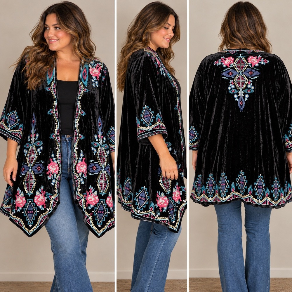 Johnny Was Cardigan Kimono Black Silk Velvet Embroidered Boho 2X
